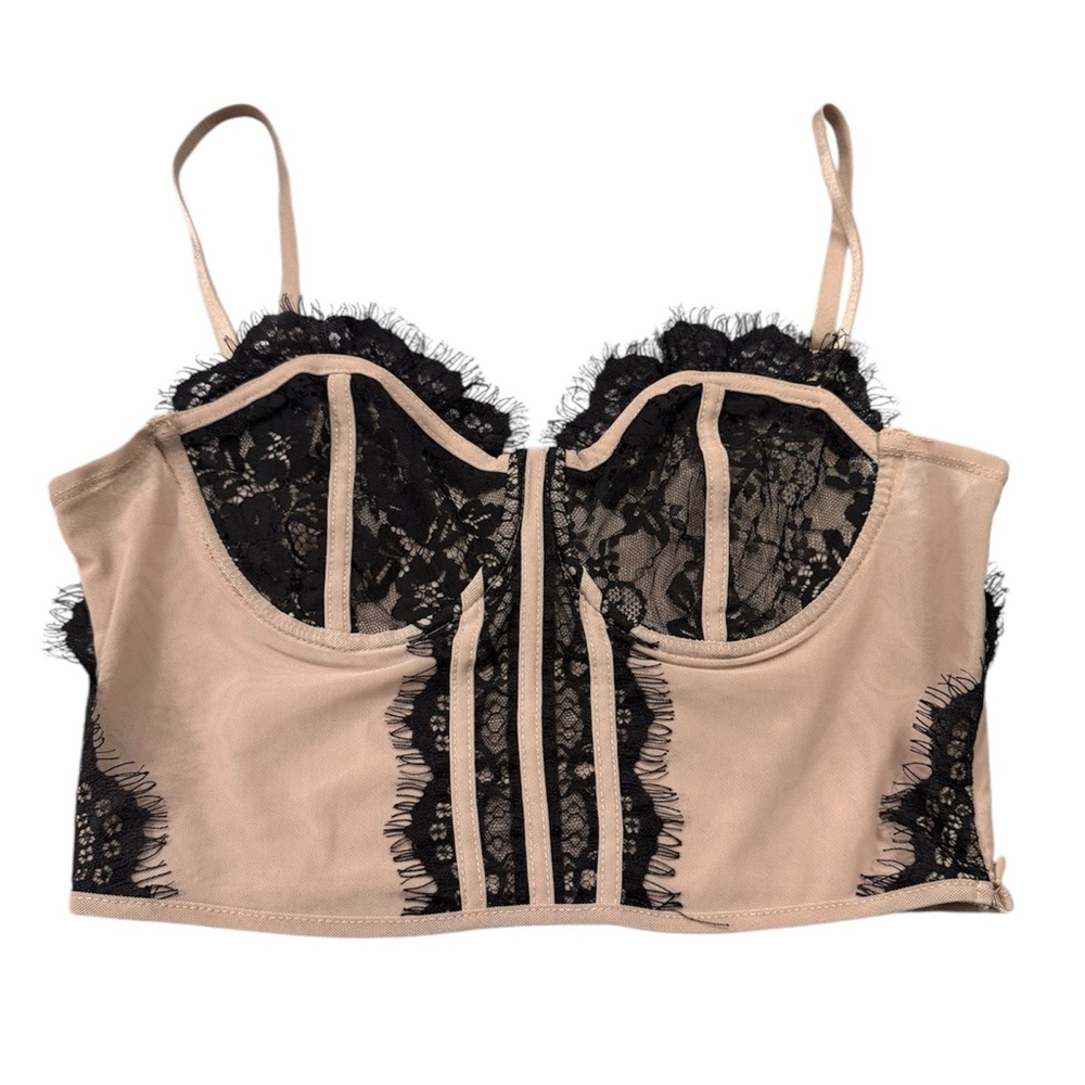Haute Mande Tan Black Lace Corset Top Large